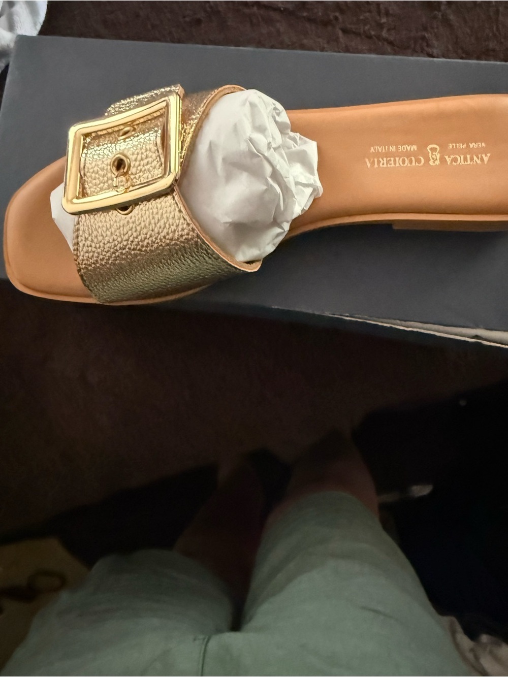 Metallic Gold Buckle Slide Mule
